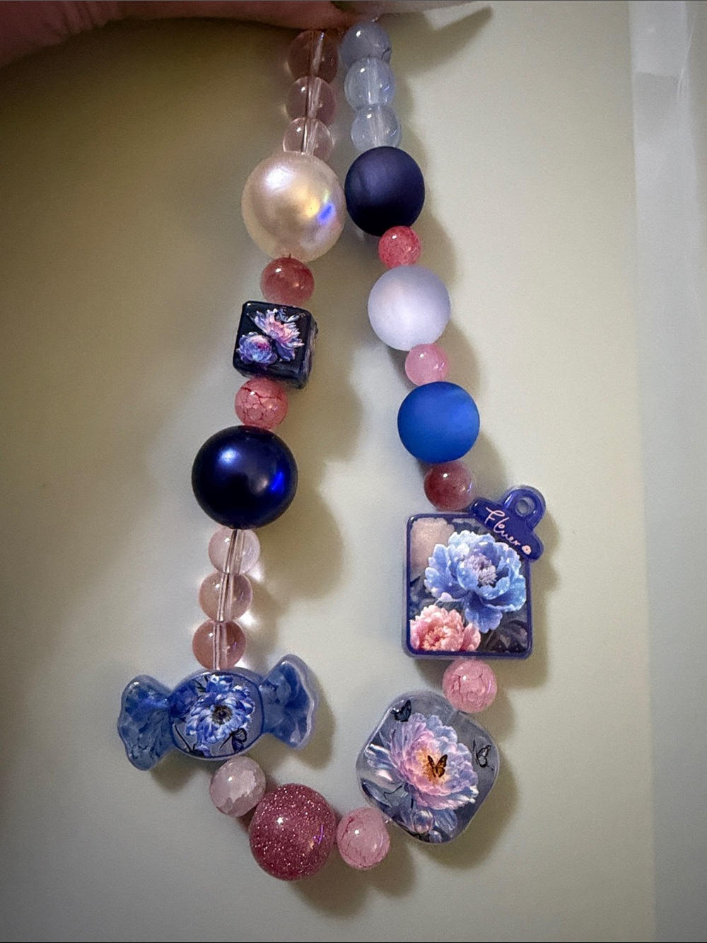 Floral Statement Beaded Phone/Key/Bag Charm in Blue and Pink